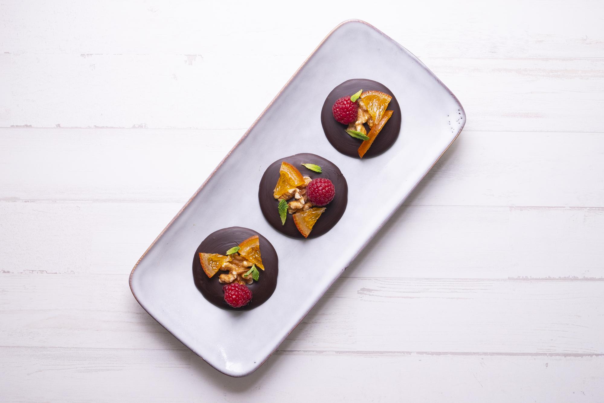 Tasting tray with three plated bites